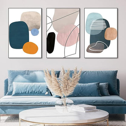 MPLONG Aesthetic Wall Art Large size 24" x 32" x 3 Panels Of Framed Decorative Paintings Abstract Simple Orange White Blue And Other Color Blocks Wall Art Canvas Prints Nature Home Decor