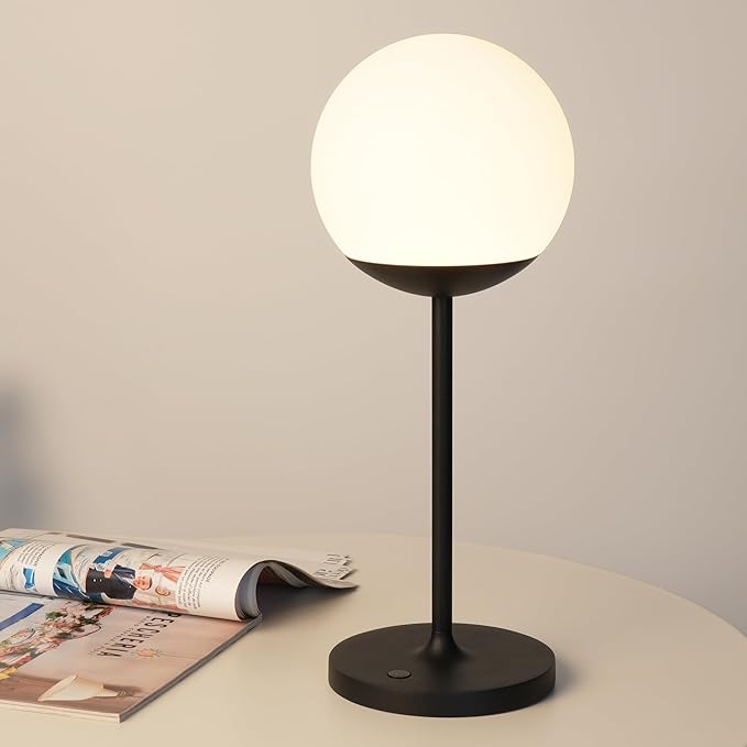 WEILAILUX Cordless Table Lamp with Globe Shade, Rechargeable Dimmable Bedside Light, Shower Lamp Waterproof, Touch Control, 8-72 Hours Runtime, 2700K Warm White for Indoor Outdoor (Black, Tall)