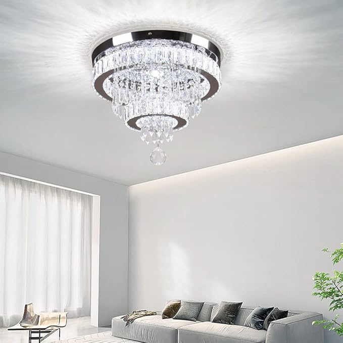 Crystal Chandeliers Modern Crystal Chandelier Flush Mount Ceiling Light Fixture with Remote Control for Bedroom Dining Room Living Room (16 inch Dimmable)