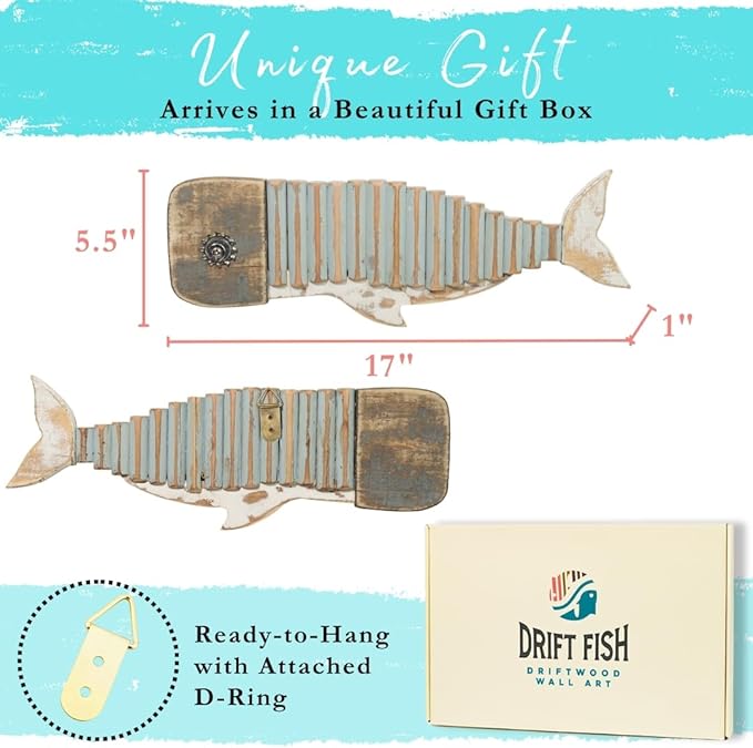 Driftwood Fish Nautical Wall Decor - Handmade Wooden Rustic Coastal Wall Art for Living Room, Bedroom, Office, Bathroom - Ocean Beach Decoration (Wally)