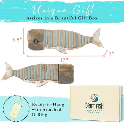 Driftwood Fish Nautical Wall Decor - Handmade Wooden Rustic Coastal Wall Art for Living Room, Bedroom, Office, Bathroom - Ocean Beach Decoration (Wally)