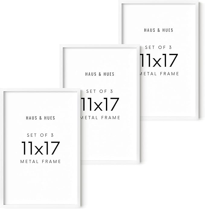 HAUS AND HUES 11x17 White Aluminum Frame Set of 3 - Premium Build, Vertical & Horizontal Hanging, Shatterproof Plexiglass (11x17 in, White)