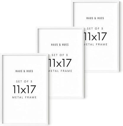 HAUS AND HUES 11x17 White Aluminum Frame Set of 3 - Premium Build, Vertical & Horizontal Hanging, Shatterproof Plexiglass (11x17 in, White)