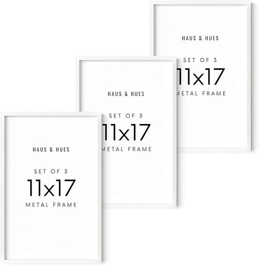 HAUS AND HUES 11x17 White Aluminum Frame Set of 3 - Premium Build, Vertical & Horizontal Hanging, Shatterproof Plexiglass (11x17 in, White)