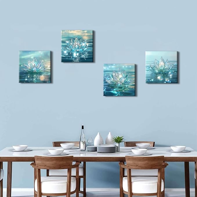 Lotus Flower Wall Art Teal Bathroom Wall Decor Zen Picture for Walls Canvas Prints Paintings Spiritual Meditation Wall Decor Turquoise Water Flowers Poster Yoga Room Artwork Decorations 12x12" 4Pcs