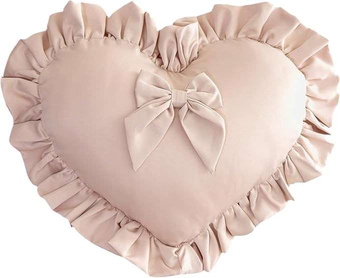 MOJUN Heart Pillow, Cute Soft Heart Shaped Throw Pillow Ruffle Love Bow Pillow Decorative Pillows Cushion for Couch Sofa Living Room Bed Chair Wedding Gifts Pillows, Champagne