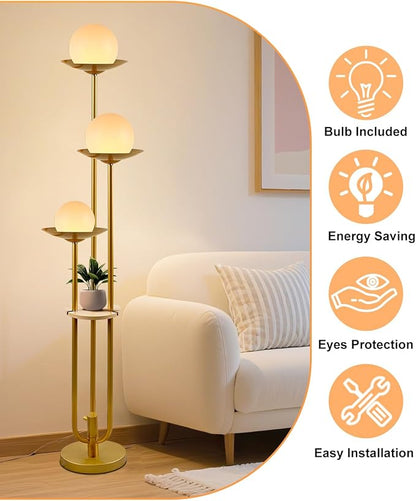 63IN Globe Floor Lamp with Shelf 3-Lights Modern Dimmable Floor Lamps with 3000K Soft Warm White Bulbs for Wedding/Party, Gold Tall Standing Lamp with 5Lbs Heavy Base for Living Room/Bedroom