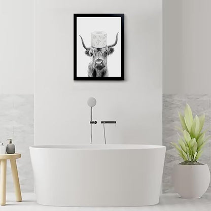 Toilet Paper On Head,Black Framed Funny Animal Prints, Vintage Black and White Rustic Style Cute Bathroom Cow Canvas Art Poster for Bathroom Restroom Decoration, Farmhouse Wall Decor
