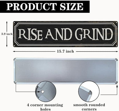 Coffee Decor Signs, Rise and Grind Sign, Retro Metal Tin Sign, Coffee Home Decor for Kitchen, Cafe Decoration, Coffees Station Decors, Decorative Metal Wall Signs 15.8x4 Inches