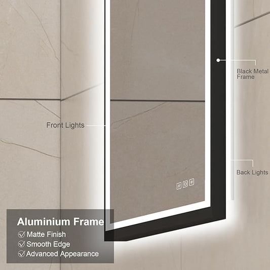 24x32 inches Rectangular Aluminum Black Framed LED Mirror, Smart Bathroom Mirror with Lights, Anti-Fog, Tempered Glass, 3 Colors Dimmable, Front and Backlit, Wall Mounted, Memory