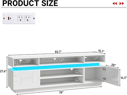 chartustriable LED TV Stand for 95 Inch TV, Modern Tall Entertainment Center with Power Outlets, High Gloss TV Stand, Gaming TV Media Console for Living Room, 83 Inch, White