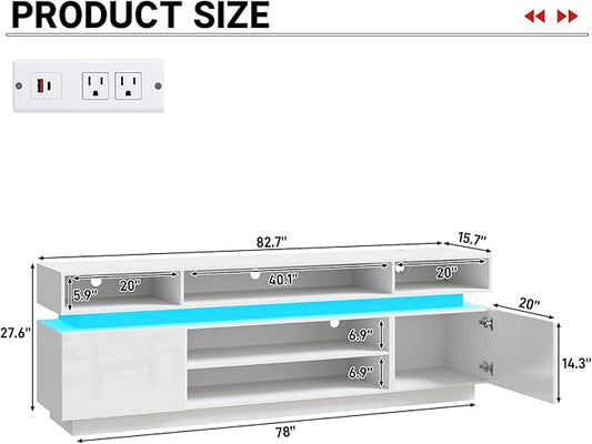 chartustriable LED TV Stand for 95 Inch TV, Modern Tall Entertainment Center with Power Outlets, High Gloss TV Stand, Gaming TV Media Console for Living Room, 83 Inch, White