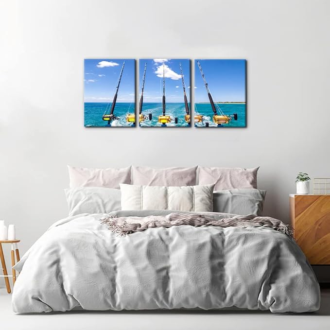 3 Pieces Canvas Wall Art Row of Five Fishing Rod and Reel Pictures Blue Seascape Wall Paintings for Living Room Bedroom Fishing Tackle Artwork HD Prints Modern Home Decor Framed - 12"x16"x3 Panel