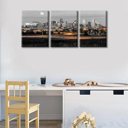 TUMOVO 3 Panel Denver Skyline Office Decor American Cityscape Pictures Black and White Wall Art Nighttime Skyscrapers Lightscape Artwork Posters and Prints Framed Ready to Hang (36" Wx16 H)