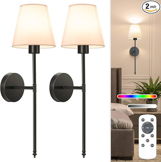 NIORSUN Battery Operated Wall Sconce Set of 2,Black Rechargeable Wall Lights with 5200mAh Dimmable Bulbs and Remote,10 Colors Wireless Wall Lamps for Bedroom Living Room Hallway Decor
