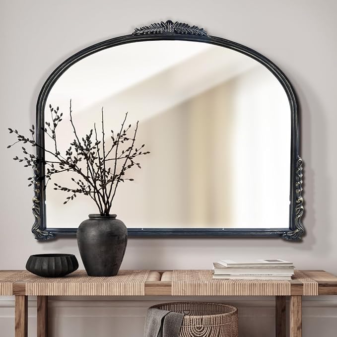 OUSHUAI Black Vintage Wall Mirror,Antique Wide Mirror Decor,Arched Big Mirror for Entryway/Bathroom/Fireplace 37"X29"