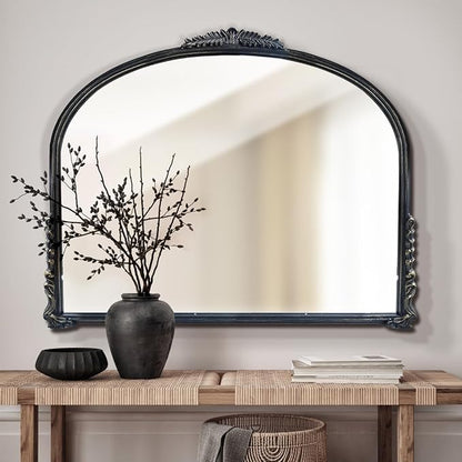 OUSHUAI Black Vintage Wall Mirror,Antique Wide Mirror Decor,Arched Big Mirror for Entryway/Bathroom/Fireplace 37"X29"