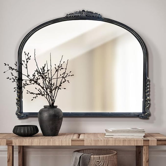 OUSHUAI Black Vintage Wall Mirror,Antique Wide Mirror Decor,Arched Big Mirror for Entryway/Bathroom/Fireplace 37"X29"