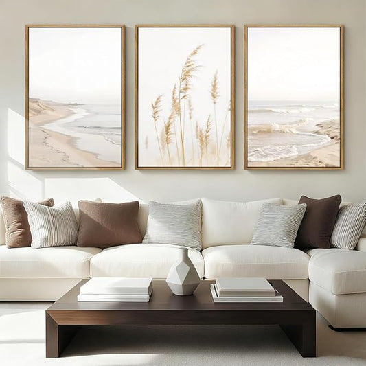 HPNIUB Modern Beach Waves Framed Wall Art Set,Seaside Reed Pathway Wall Decor,Minimalist Neutral Coastal Landscape Printing,Boho Seascape Nature Artwork for Living Room, Bedroom,Bathroom-24''x36''x3
