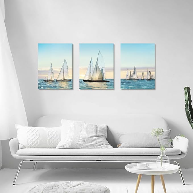 Hardy Gallery sailboat wall art coastal pictures: nautical wall decor sailing artwork blue ocean print in canvas painting for bathroom 12" x 16" x 3 panels