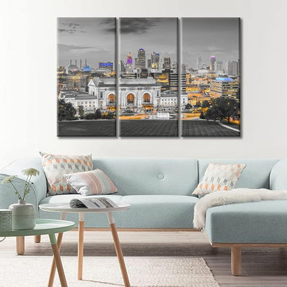 American Cityscape Home Decor Posters and Prints Kansas City Missouri Skyline of Monuments and Highways Wall Art for Living Room 3 Pieces Black and White Wall Art Framed Ready to Hang (42"Wx28"H)