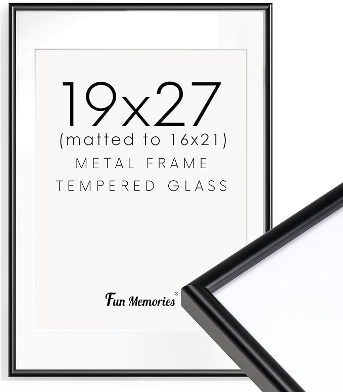Fun Memories 19x27 Picture Frame Black, Aluminum Frames 19 x 27 for Wall, Modern 19 by 27 Poster Frames for Home Decor, 19x27 Frame with Mat for 16x21, 19 x 27 Frame with Real Glass
