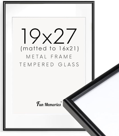 Fun Memories 19x27 Picture Frame Black, Aluminum Frames 19 x 27 for Wall, Modern 19 by 27 Poster Frames for Home Decor, 19x27 Frame with Mat for 16x21, 19 x 27 Frame with Real Glass