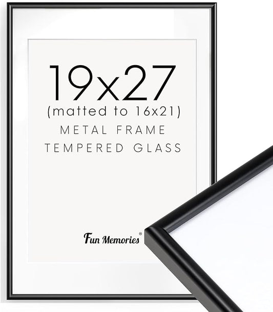 Fun Memories 19x27 Picture Frame Black, Aluminum Frames 19 x 27 for Wall, Modern 19 by 27 Poster Frames for Home Decor, 19x27 Frame with Mat for 16x21, 19 x 27 Frame with Real Glass