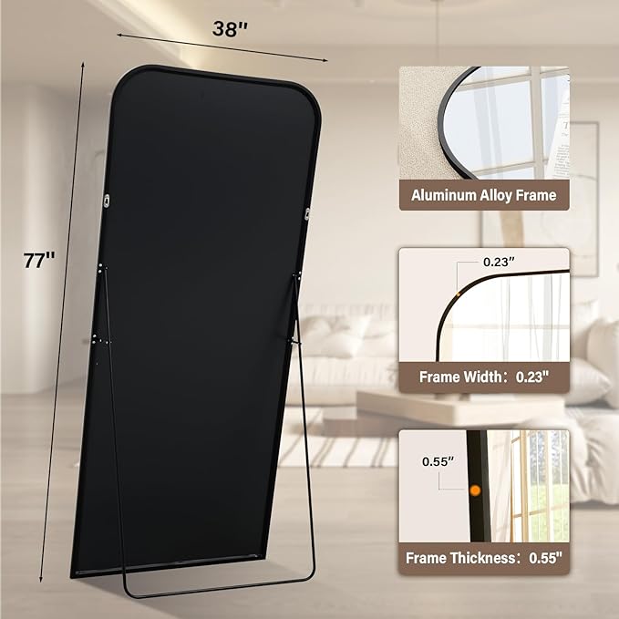 XRAMFY 77x38 Inch Floor Length Mirror with Stand, Full Length Standing Mirror for Bedroom, Full Body Tall Mirrors with Modern Aluminum Alloy Frame in Black, Home Decor