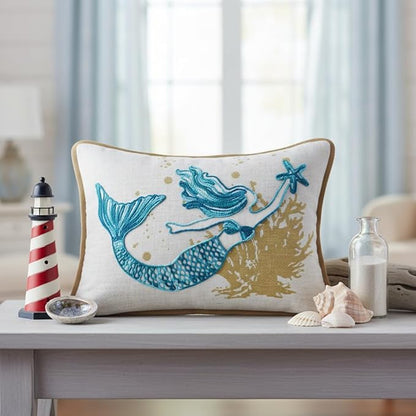 Comfy Hour Under The Sea Collection Ocean Mermaid Starfish Coral Coastal Accent Throw Pillow Cushion for Marine Animal Lovers, Polyester