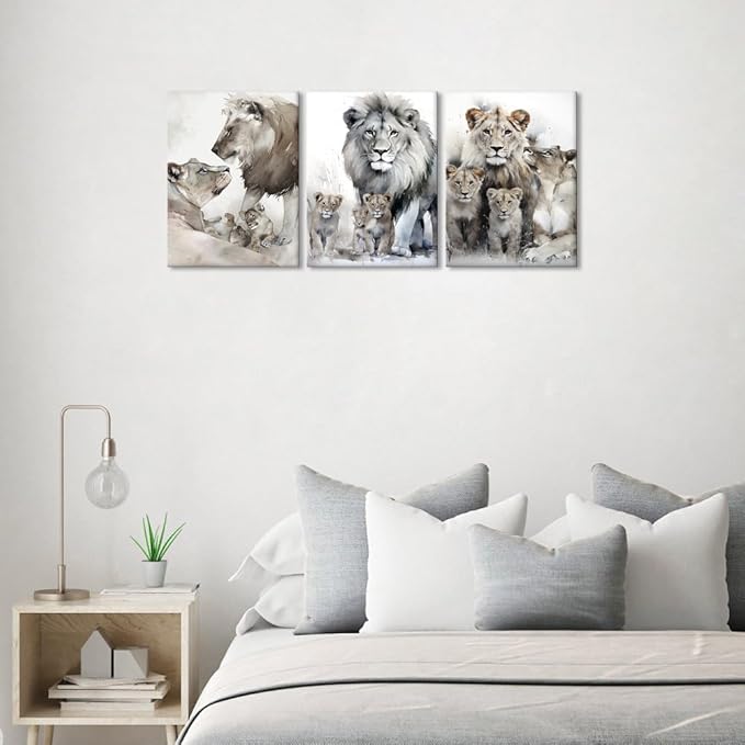 Modern 3 Piece Wild Animal Lion Canvas Paintings Lion Family Portrait Pictures Wall Decor Artwork Living Room Bedroom Home Office Decorations, Framed 12W'' x 16H'' x 3pcs