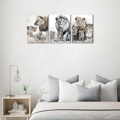 Modern 3 Piece Wild Animal Lion Canvas Paintings Lion Family Portrait Pictures Wall Decor Artwork Living Room Bedroom Home Office Decorations, Framed 12W'' x 16H'' x 3pcs