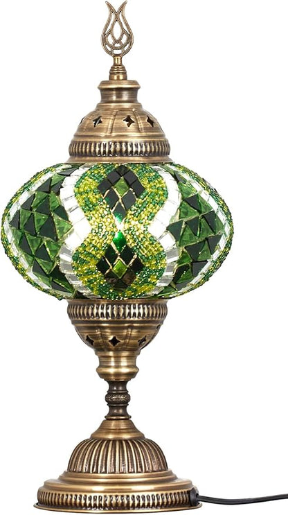 DEMMEX – 7" Large Globe Turkish Moroccan Mosaic Table Lamp, Handcrafted Tiffany-Style Colorful Glass Bedside, Desk & Table Light, Artisan Decor for Living Room or Bedroom, 14" H (Green)
