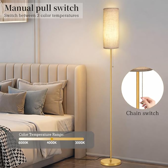 Ldeco Modern Floor Lamp for Living Room, Gold Standing Lamps with 3 Color Temperatures Bulb, Minimalist Tall Lamp with Chain Switch for Bedroom, LED Bulb Included(Beige Shade+Gold)