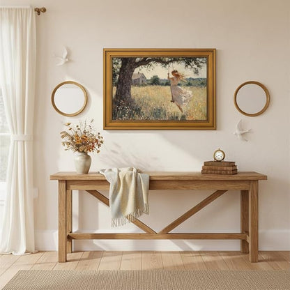 Vintage Gold Framed Canvas Wall Art, Swing Girl Poster Artwork, Country Landscape Print Picture, English Cottage Wildflorals Painting Wall Decor, for Living Room, Bedroom, Home Decoration, 9x11in