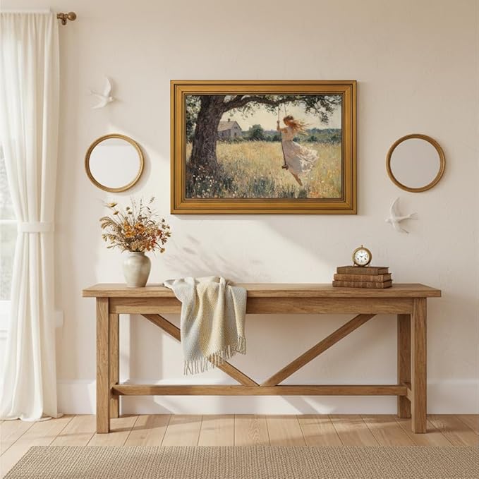 Vintage Gold Framed Canvas Wall Art, Swing Girl Poster Artwork, Country Landscape Print Picture, English Cottage Wildflorals Painting Wall Decor, for Living Room, Bedroom, Home Decoration, 12x16in