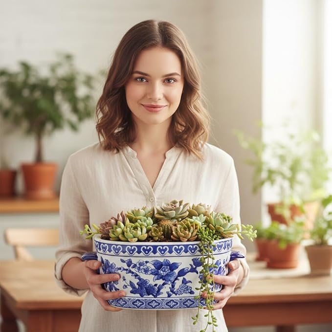 Blue and White Ceramic Planter Pot – Vintage Floral Oval Cachepot Vase for Indoor Plants, Flowers & Succulents – Glazed Chinese Porcelain Style Decorative Bowl – 7.4" or 10.6" Size – No Drainage