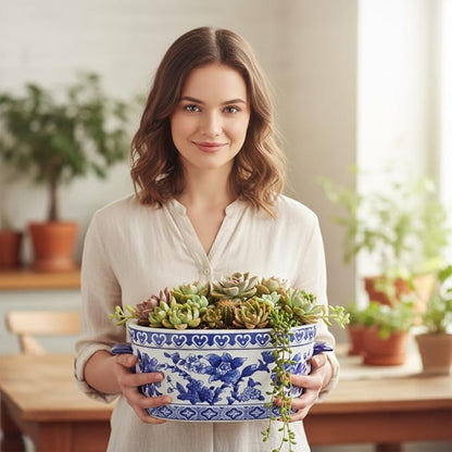 Blue and White Ceramic Planter Pot – Vintage Floral Oval Cachepot Vase for Indoor Plants, Flowers & Succulents – Glazed Chinese Porcelain Style Decorative Bowl – 7.4" or 10.6" Size – No Drainage