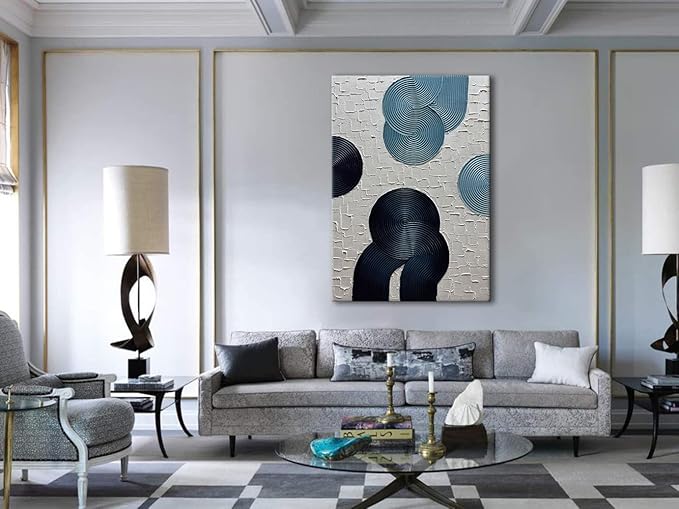 Slyart Blue and Black Abstract Textured Wall Art, Hand-Painted 3D Oil Paintings on Canvas Wall Art 40x28 inch Contemporary Art