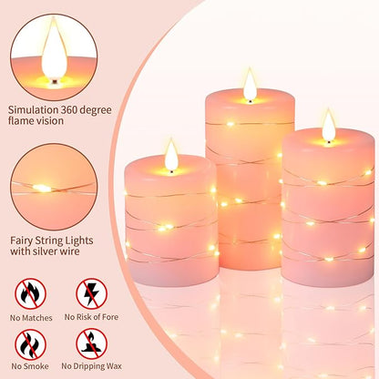 Upinmz Flickering Flameless Candles with Embedded String Lights, Battery Operated Candles with Remote Control and Timer,LED Candles for Home Decoration,Real Wax, 3 Pack Pink