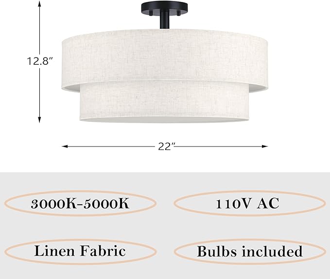 22 Inch LED 28W Adjustable 3000/4000/5000 Black Double Drum Linen Fabric Shade Semi Flush Mount Close to Ceiling Light Fixture for Bedroom,Living Room,Dining Room Hallway