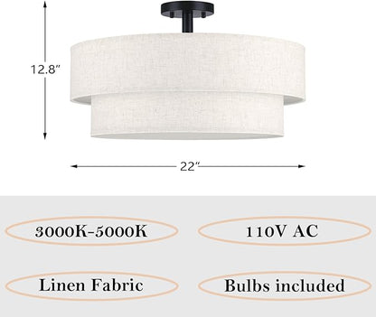 22 Inch LED 28W Adjustable 3000/4000/5000 Black Double Drum Linen Fabric Shade Semi Flush Mount Close to Ceiling Light Fixture for Bedroom,Living Room,Dining Room Hallway