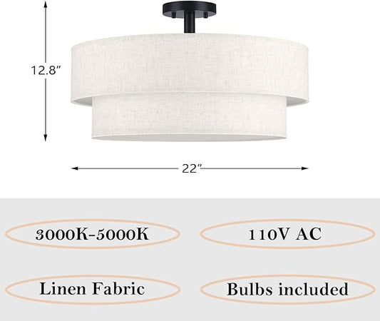 22 Inch LED 28W Adjustable 3000/4000/5000 Black Double Drum Linen Fabric Shade Semi Flush Mount Close to Ceiling Light Fixture for Bedroom,Living Room,Dining Room Hallway