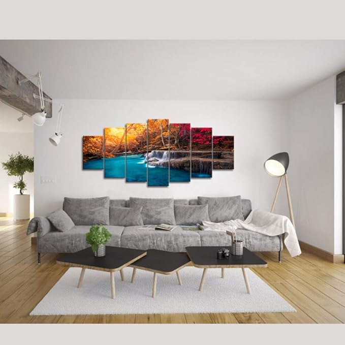Visual Art Decor Xlarge 7 Pieces Blue Lake Waterfall in Red Fall Forest Canvas Wall Art Nature Landscape Wall Decor, Framed Ready to Hang for Modern Living Room Bedroom Office Decoration