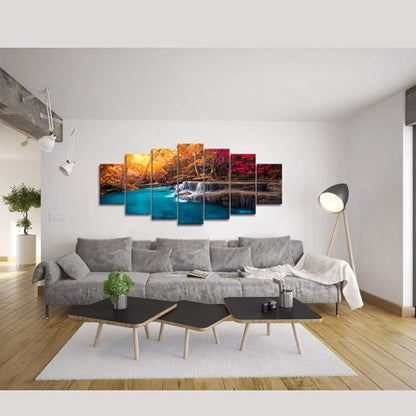 Visual Art Decor Xlarge 7 Pieces Blue Lake Waterfall in Red Fall Forest Canvas Wall Art Nature Landscape Wall Decor, Framed Ready to Hang for Modern Living Room Bedroom Office Decoration