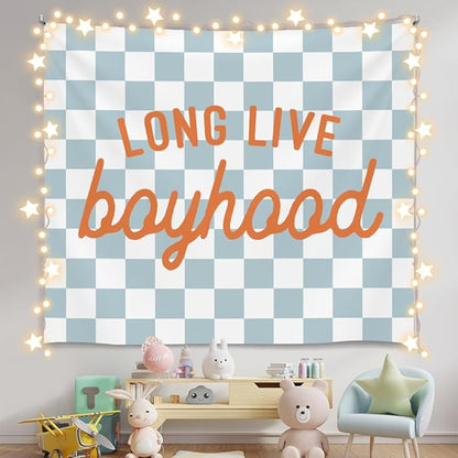 Vintage Blue Checkerboard Wall Tapestry – Long Live Boyhood Soft Flannel Tapestry ，Preppy Boys Bedroom Dorm Room Decor for Boy Bedroom Living Room,Birthday Party Wall Art Decoration 59x51 inch (Blue-Boyhood)