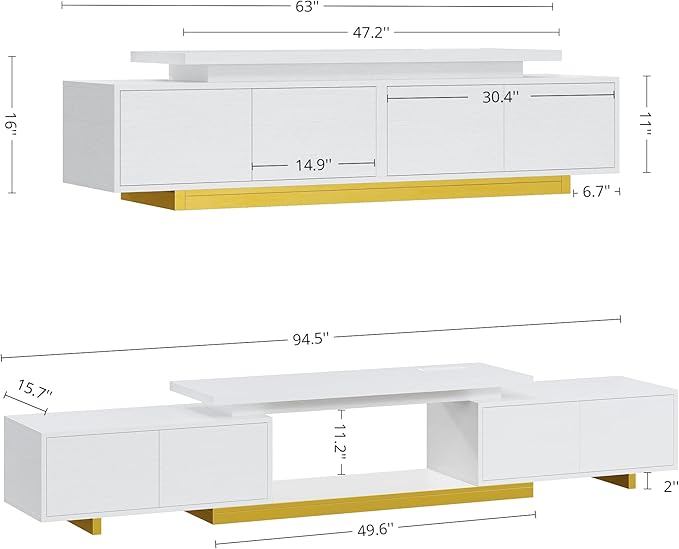 LIKIMIO Extendable TV Stand for 65-90 Inches TVs, Adjustable Length 63''-94.5'', Modern White Entertainment Center with Storage Cabinets, Charging Station & LED Lights, Media Console for Living Room