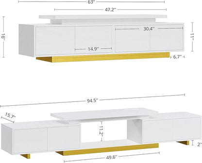LIKIMIO Extendable TV Stand for 65-90 Inches TVs, Adjustable Length 63''-94.5'', Modern White Entertainment Center with Storage Cabinets, Charging Station & LED Lights, Media Console for Living Room
