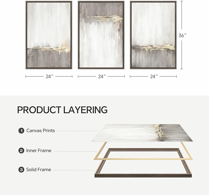 Framed Grey White Abstract Wall Art for Living Room, 3 Piece Large Gold Neutral Canvas Prints Artwork for Walls, Gray Modern Minimalist Paintings Pictures for Home Office Hallway Wall Decor, 24X36 In