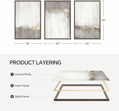 Framed Grey White Abstract Wall Art for Living Room, 3 Piece Large Gold Neutral Canvas Prints Artwork for Walls, Gray Modern Minimalist Paintings Pictures for Home Office Hallway Wall Decor, 24X36 In